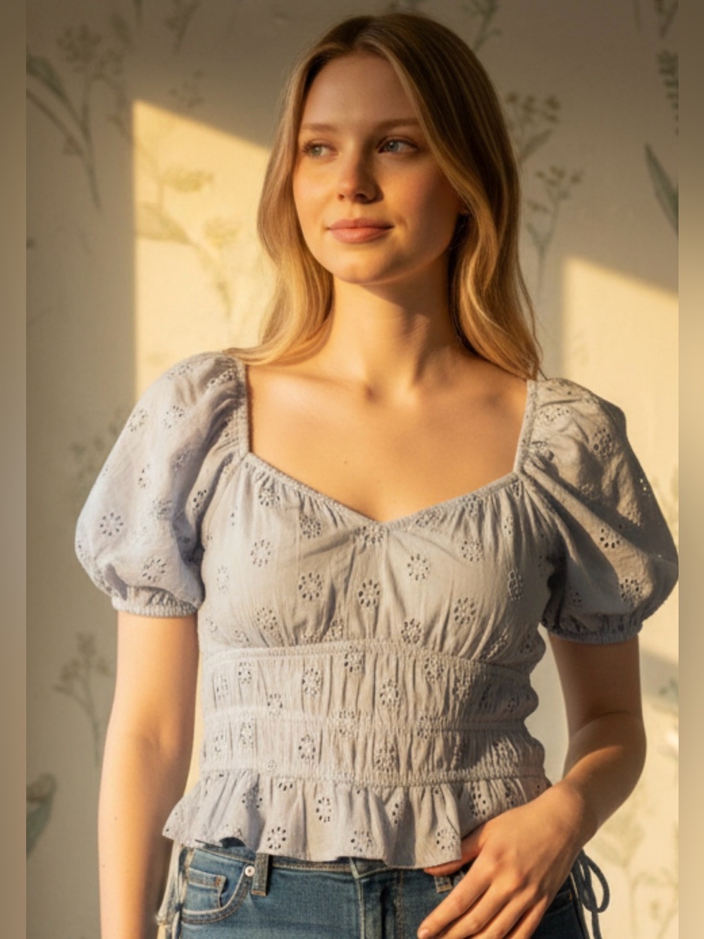 Hollister Light Blue Eyelet Embroidered Peasant Top w Puff Sleeves